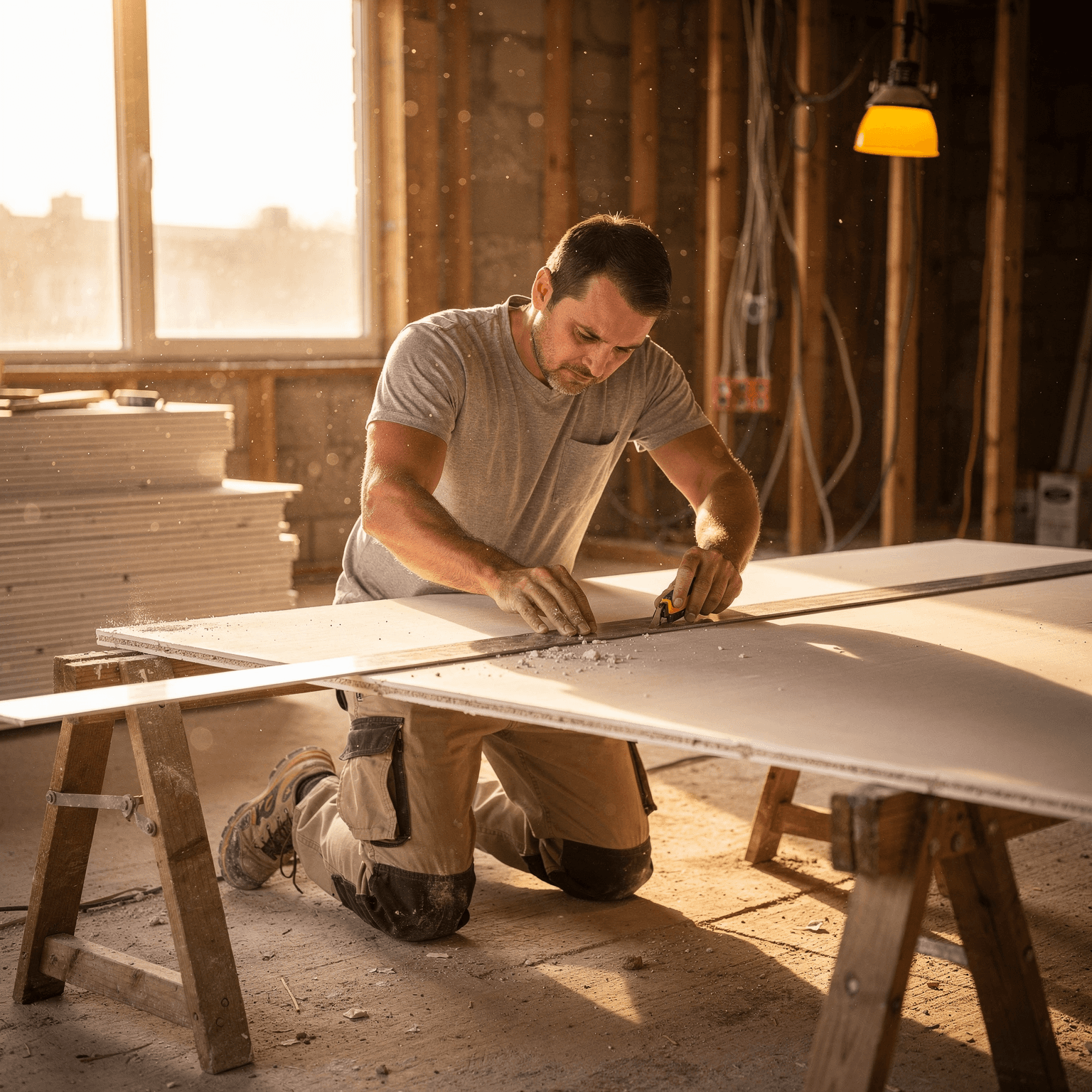 Man cutting drywall