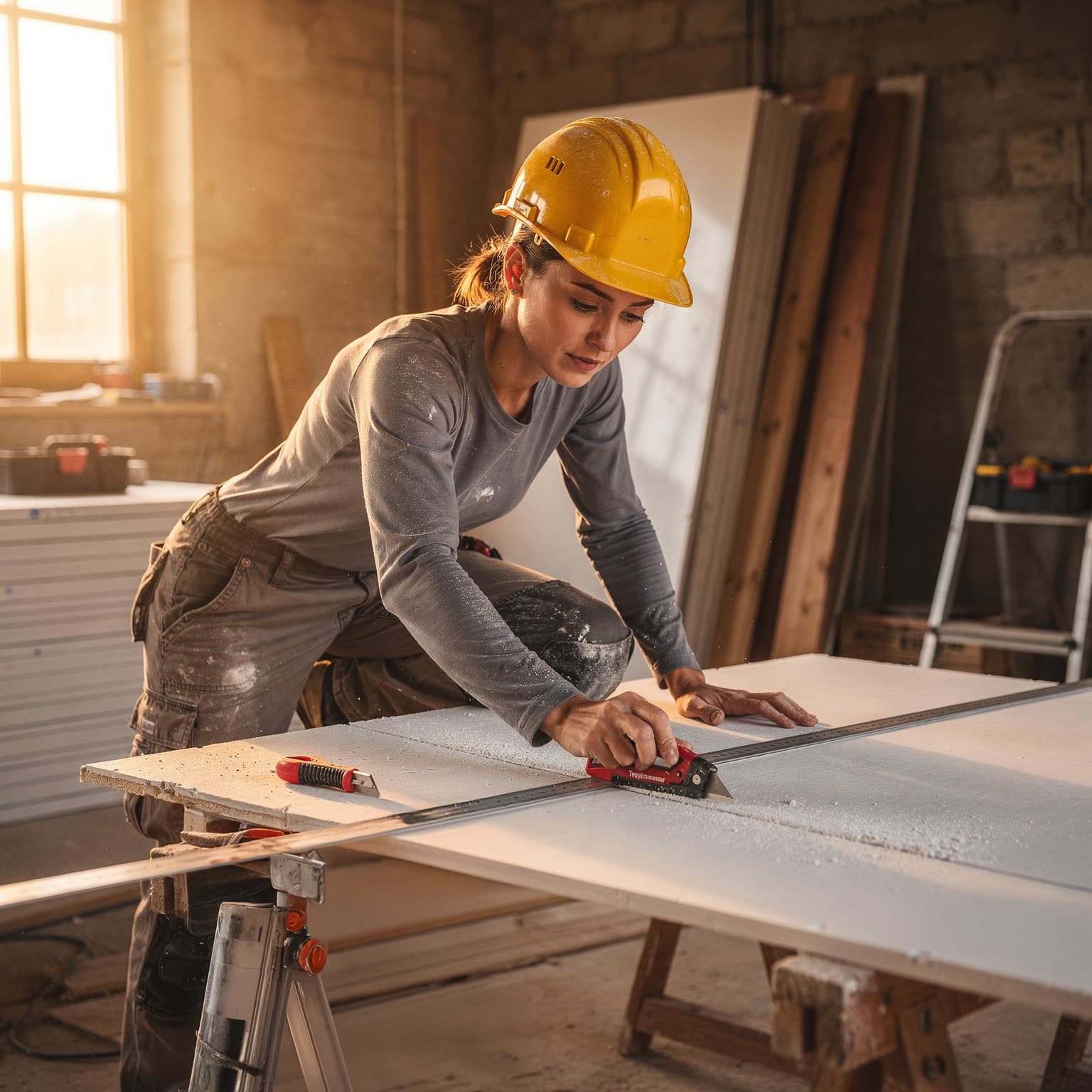 Woman cutting drywall